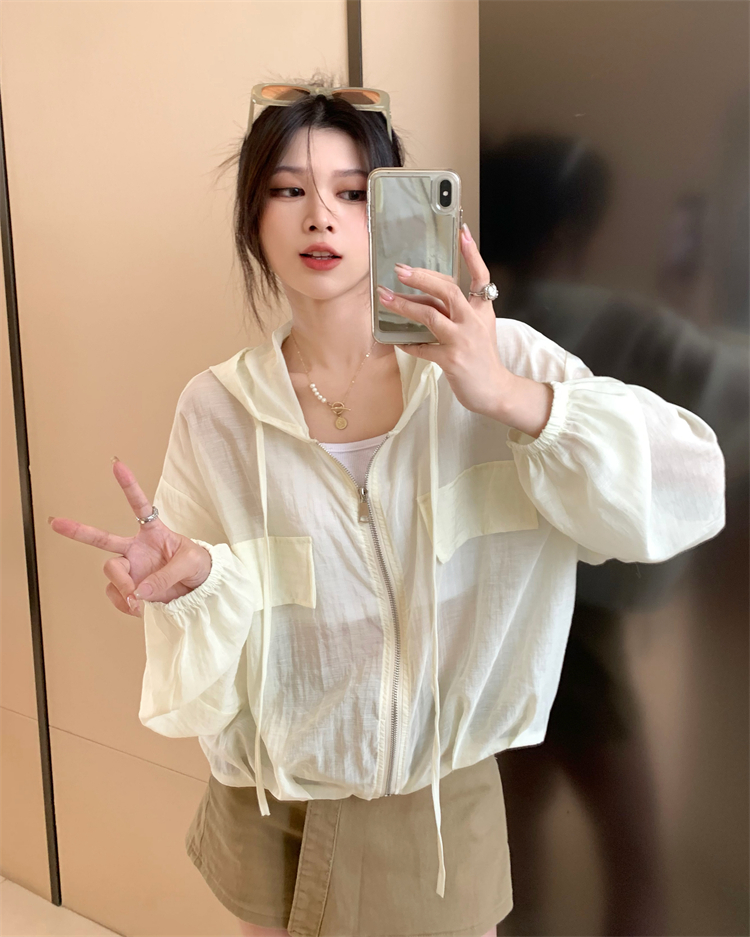 實拍 韓版夏季壓皺連帽長袖外套女防曬衣開衫寬鬆薄款上衣