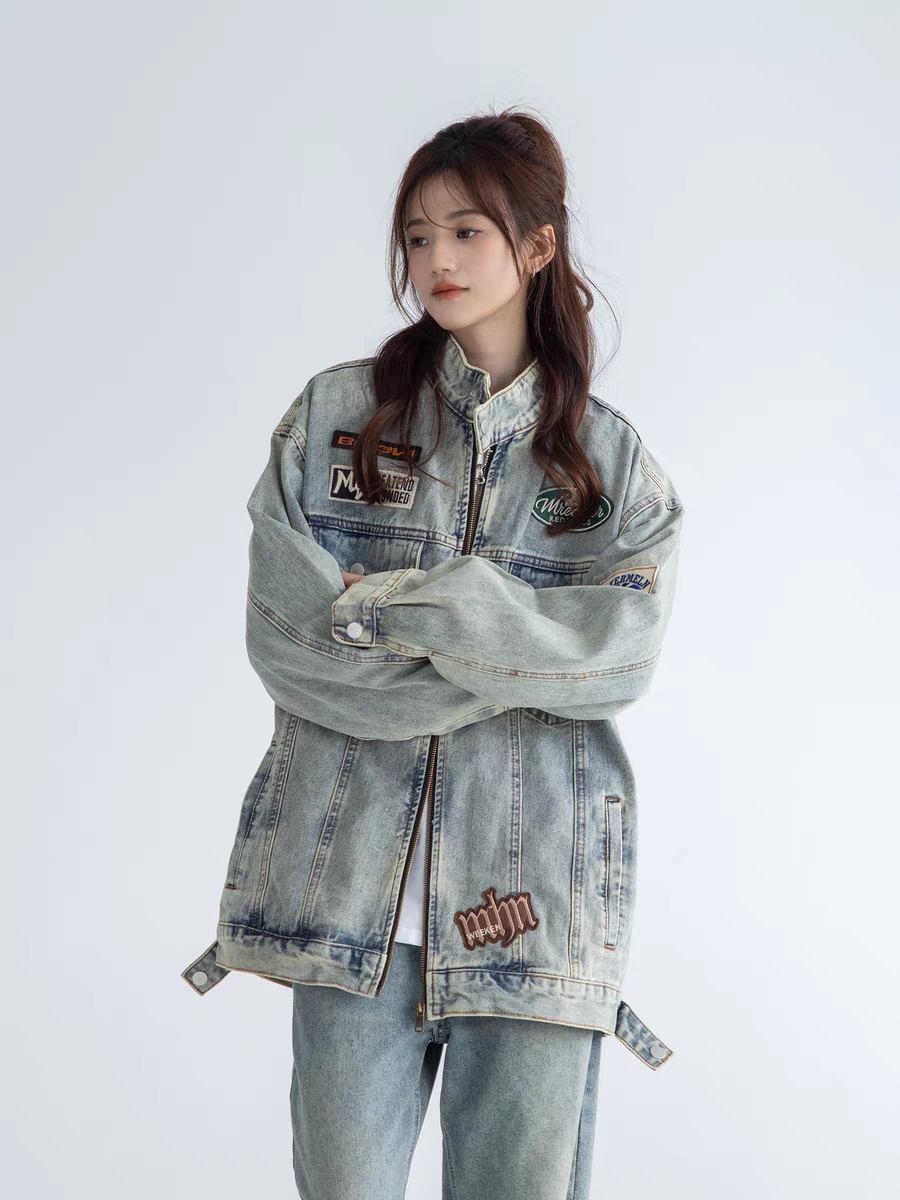 AzLan美式復古牛仔外套女春秋2024新款寬鬆休閒vintage立領機車服