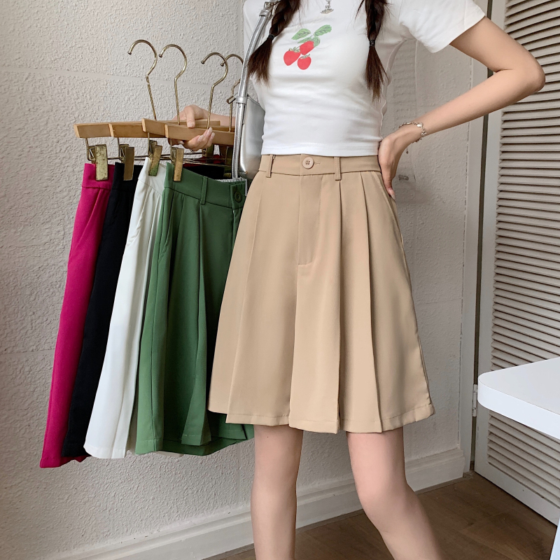 7813實拍~大碼女裝夏休閒百搭高腰開叉西裝顯瘦遮肉五分闊腿短褲