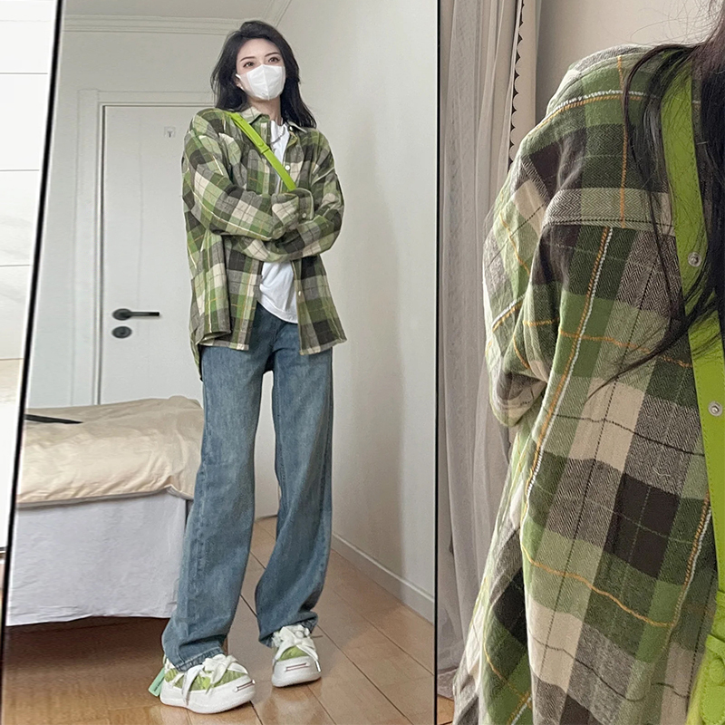 法式復古綠色格子襯衫襯衣外套女春秋裝女2024年新款寬鬆長袖上衣