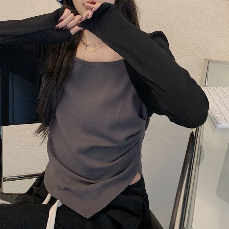 不規則開叉打底衫女春秋大碼小眾百搭設計感長袖T恤辣妹方領上衣