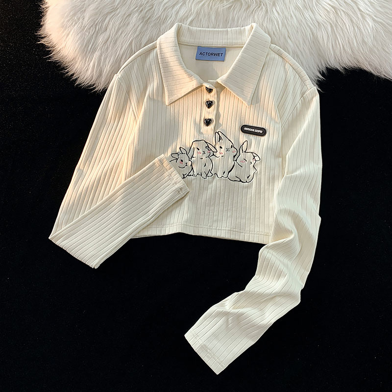 Escape from the Earth Japanese Gentle Wind Soft Waxy Rabbit Polo Collar Sweater Women's Short Slim Fit Long Sleeve T-Shirt