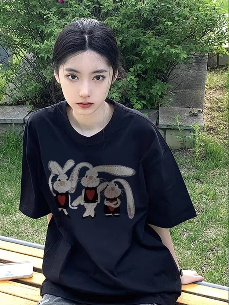 230克純棉包領高品質天貓質量2024初夏短袖純棉印花T恤女