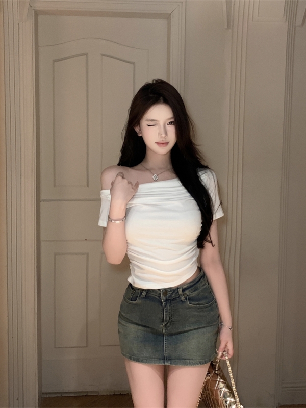 實拍 純欲辣妹一字領設計感褶皺修身顯瘦短款上衣T恤短袖女