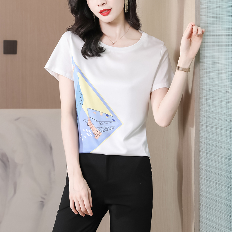 實拍印花短袖t恤女小眾設計2024夏新款法式圓領寬鬆上衣ins潮 女
