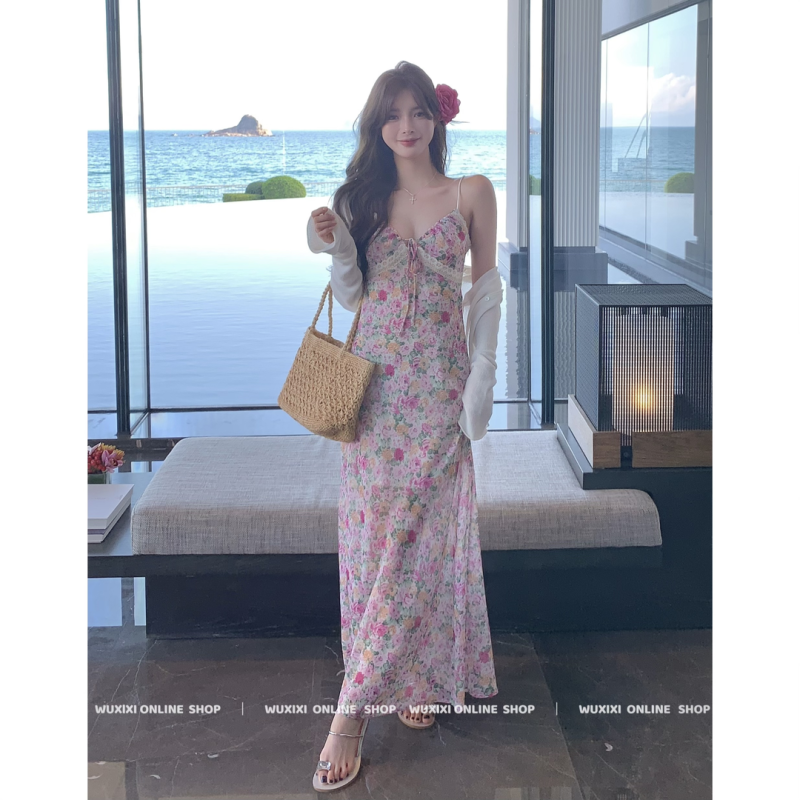 wuxixi 落日花海 度假氣質顯瘦百搭玫瑰蕾絲連衣裙女