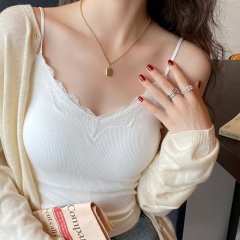 Pure Desire Lace Splicing Cotton Knit Camisole Top with Bra Cup for Women as Underwear, Fitted Short-Sleeve Top