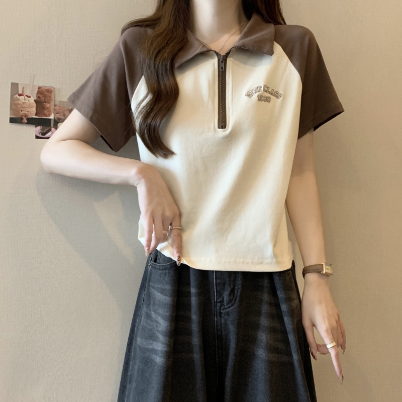 實拍  40支純棉 2024夏裝刺繡POLO領短袖T恤女撞色