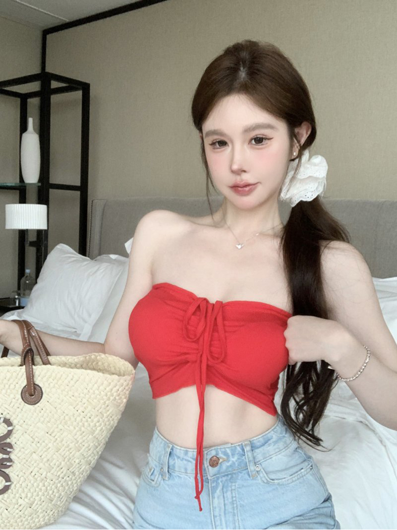 ****~實拍純欲辣妹抽繩抹胸裹胸美背掛脖吊帶背心女帶胸墊