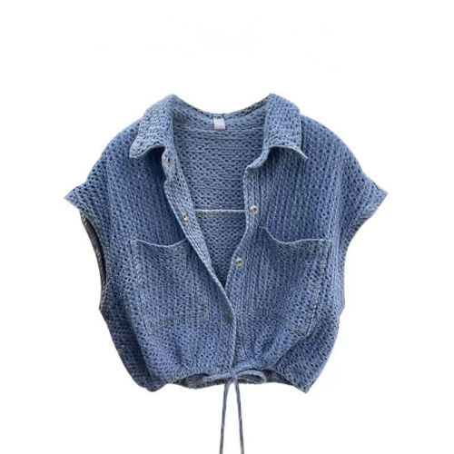 Blue denim vest for women summer 2024 new design hem drawstring Hong Kong style outer wear loose waistcoat top