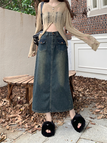 Real shot of denim skirt for women early spring high waist 2024 new retro straight loose a-line mid-length skirt