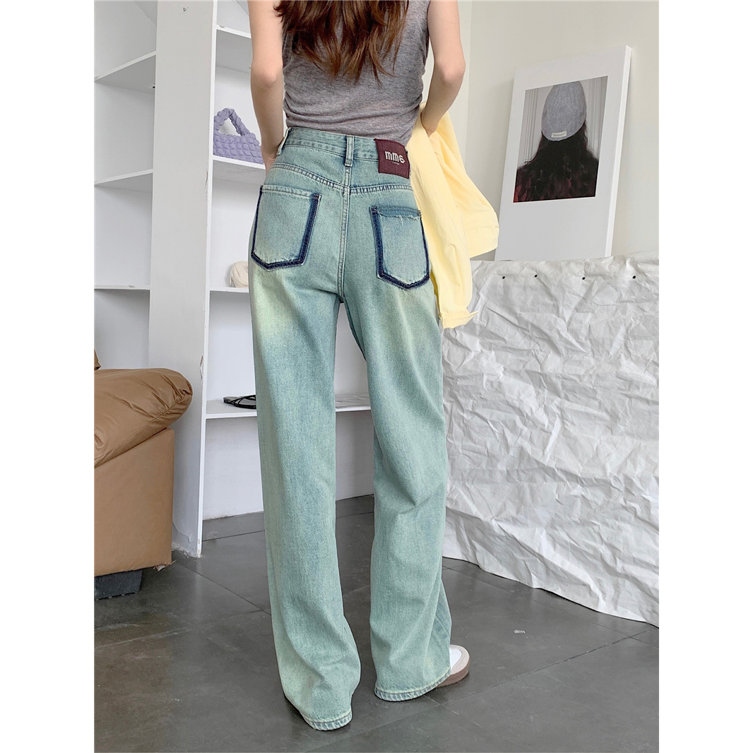 Actual shot~New high-waisted personalized pocket loose and versatile denim wide-leg pants for women