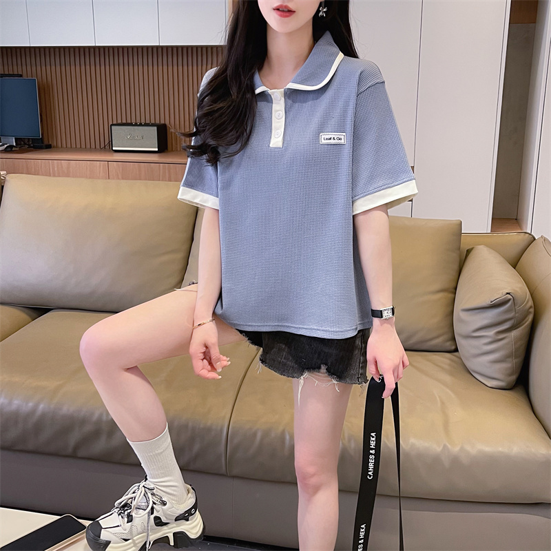 實拍 2024夏季新款韓版寬鬆簡約POLO領拼色印花大碼短袖T恤女