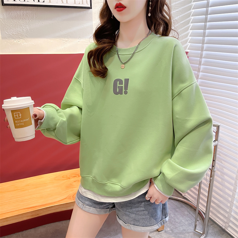 實拍 春裝韓版寬鬆圓領假兩件印花中長款大碼女裝薄款衛衣女