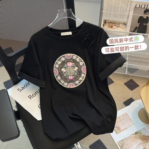 黑色新中式国风短袖t恤女2024新款春夏季设计感小众内搭打底衫ins