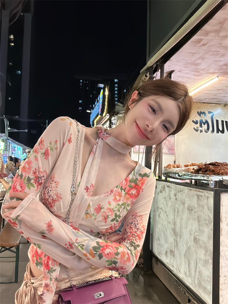 實拍 復古碎花網紗雪紡襯衫女春季設計感長袖上衣