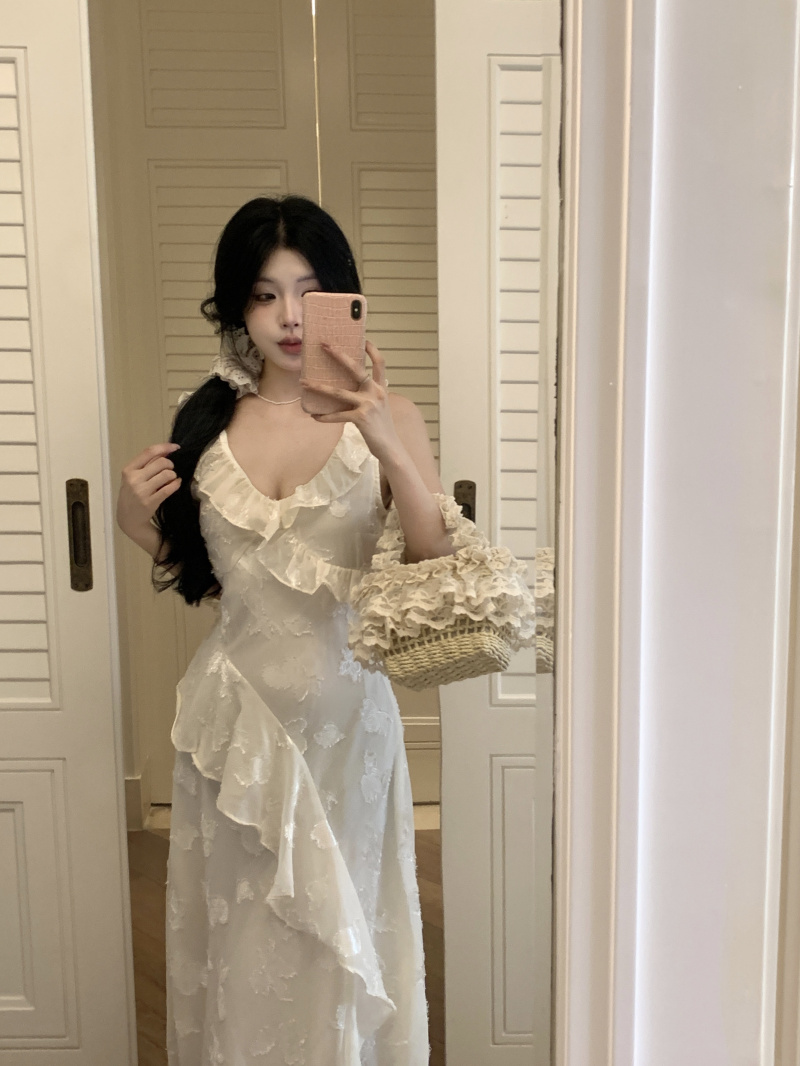 Real shot French tea break dress for women summer new style ruffled irregular slimming vest dress