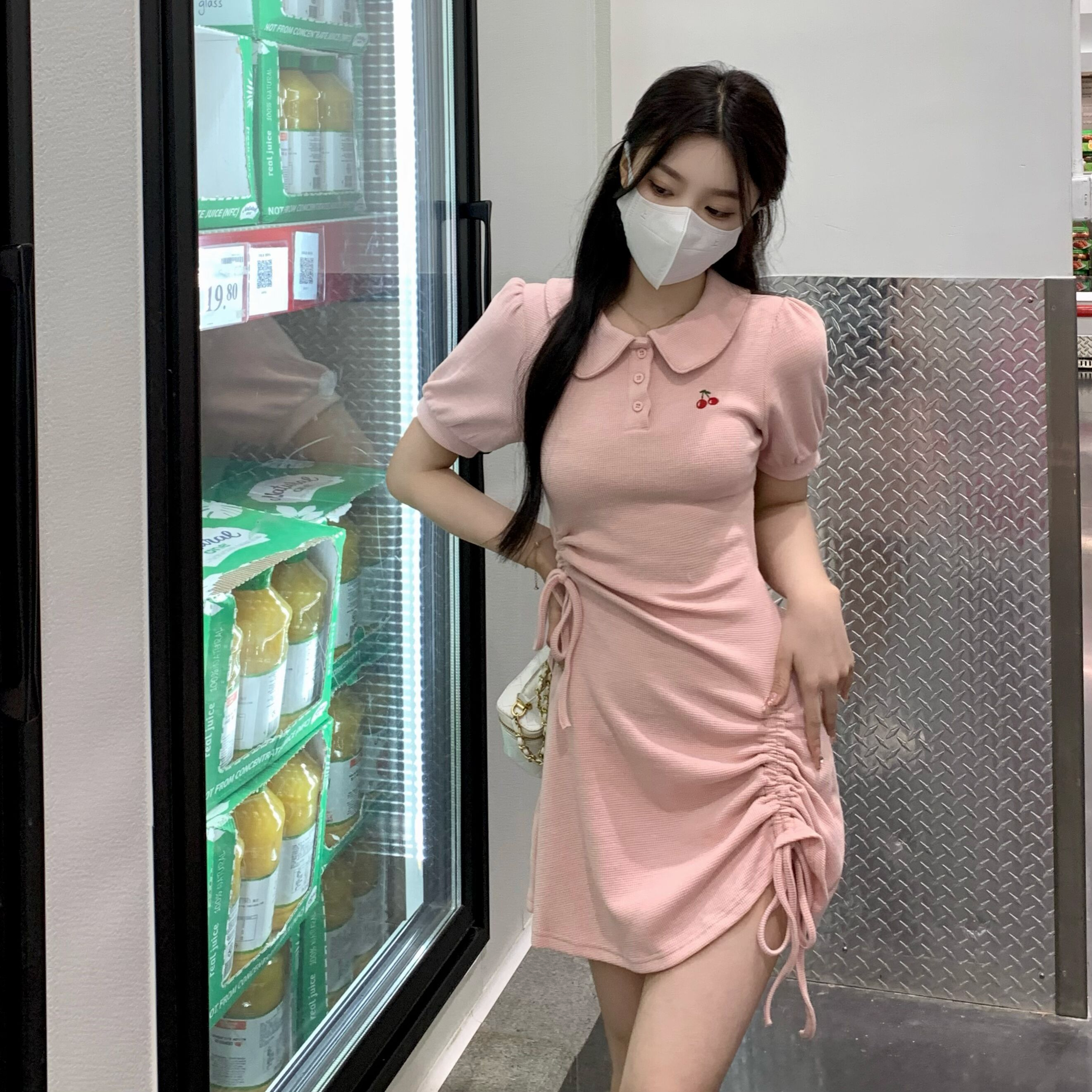 Small age-reducing POLO collar short-sleeved dress for women summer waist A-line skirt drawstring short skirt