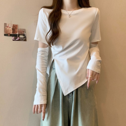 Real shot of pure cotton spring and autumn long-sleeved T-shirt for women with design sense, detachable sleeves, casual solid color top for summer wear