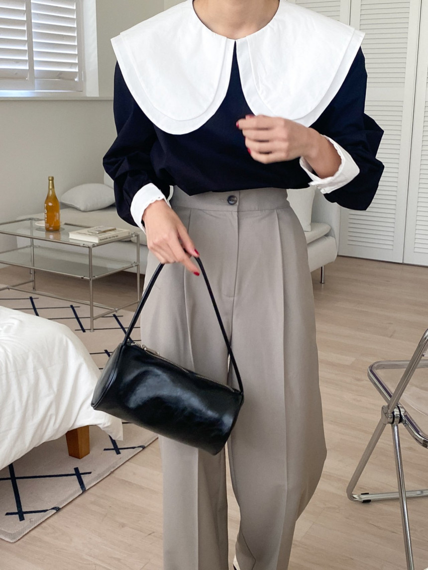 Size update chic Korean spring new versatile color-blocked double-layer doll collar long-sleeved pullover shirt top