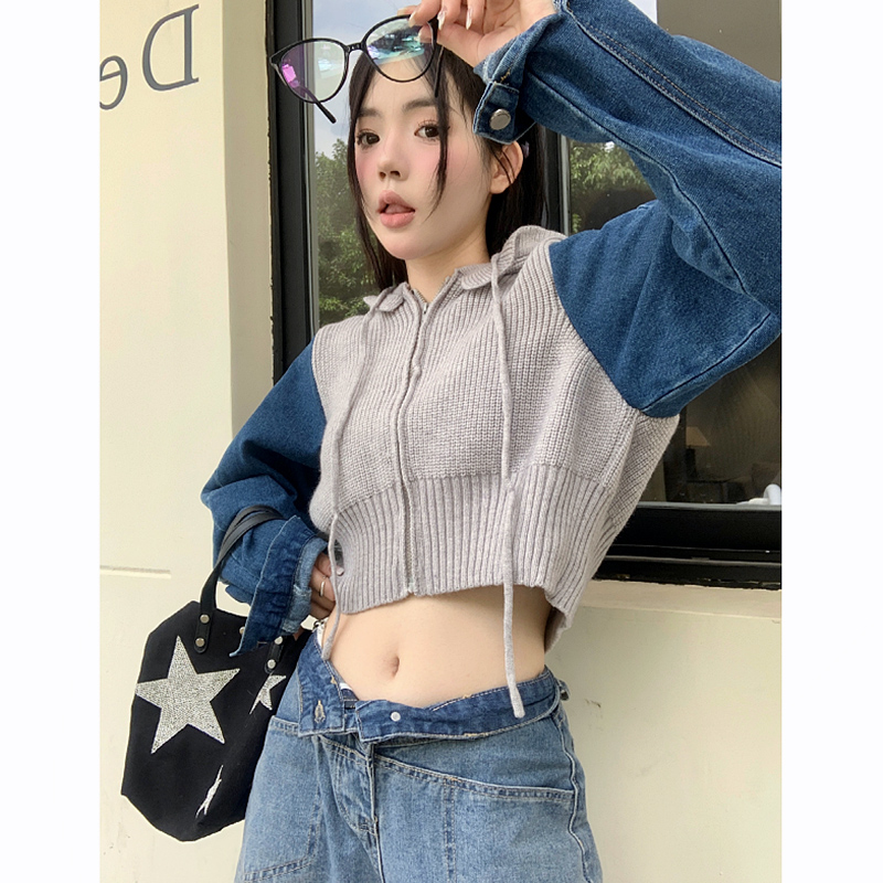針織拼接牛仔短外套女秋季小眾新款氣質綁帶上衣復古時尚拉鏈襯衫