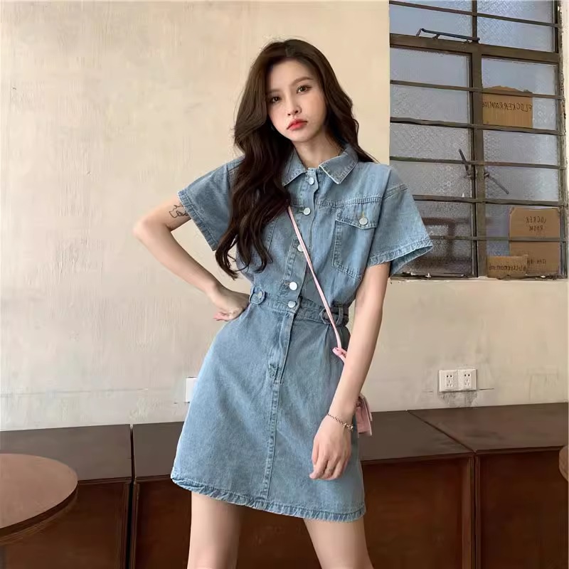 夏裝大碼女裝新款高級設計感小眾收腰襯衫裙牛仔連衣裙S-5XL200斤