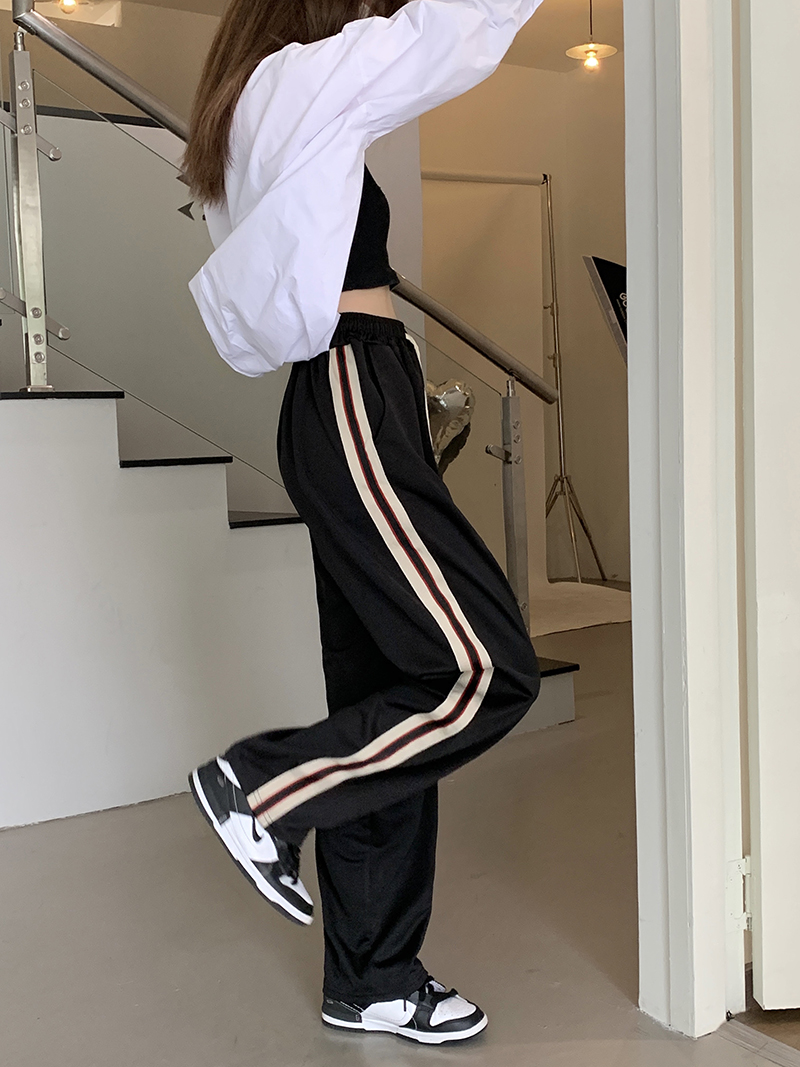 Real shot of spring ribbon sports trousers, retro loose straight casual pants
