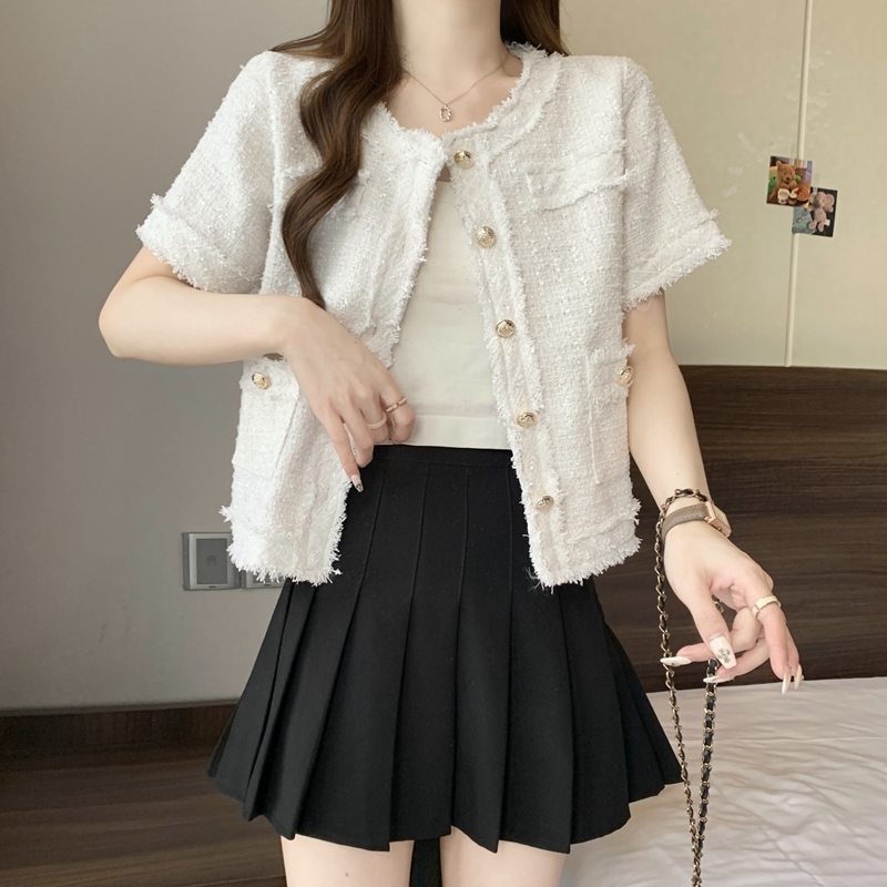 Actual shot of spring and summer style temperament fringed raw edge short style ladylike tweed white top for women
