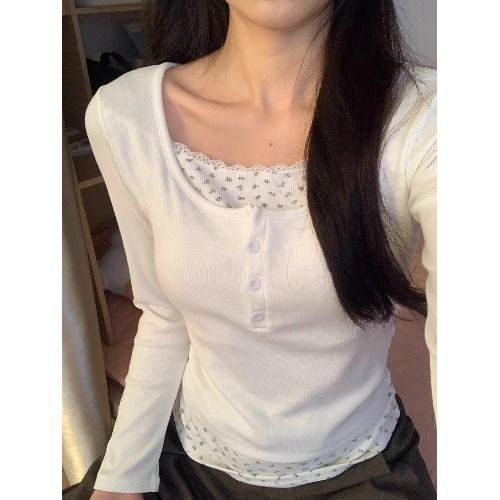 日系碎花bm風假兩件長袖t恤女春秋辣妹修身顯瘦正肩無胸墊打底衫