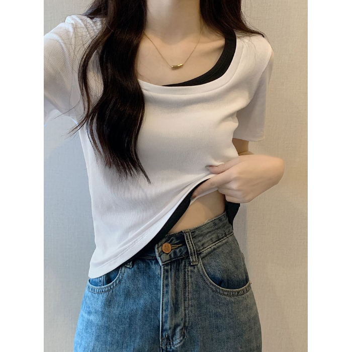 設計感方領假兩件短袖t恤女裝夏季修身純欲小眾短款上衣