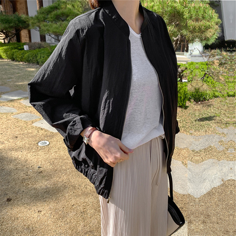 簡約立領休閒防曬夾克上衣女2024春小個子橡筋收腰空調外套女薄款