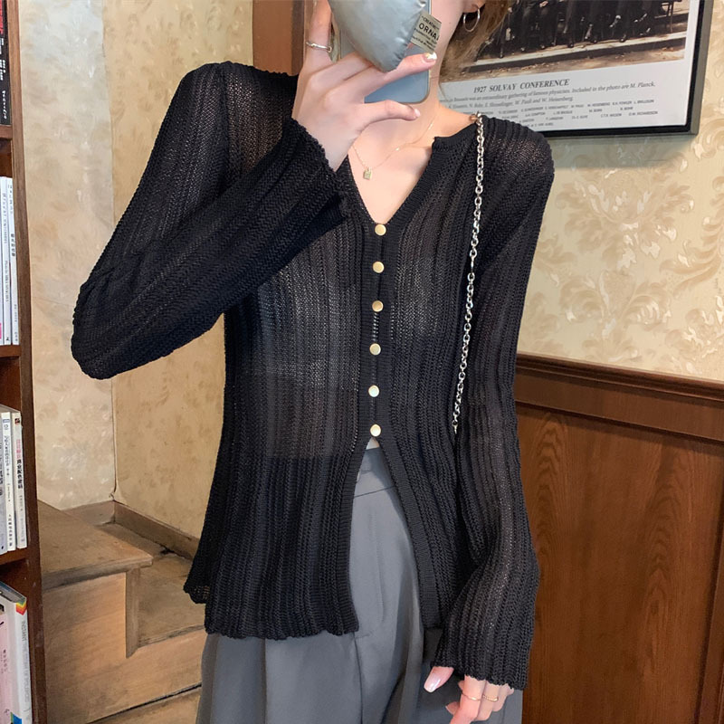 開叉V領針織衫女2024春季新款韓系長袖修身打底衫設計感小眾上衣