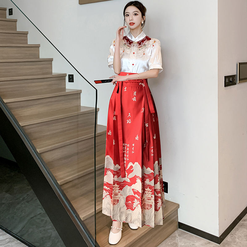 實拍 新中式國風〈描金山水〉紅色套裝明制漢服夏季仿妝花馬面裙