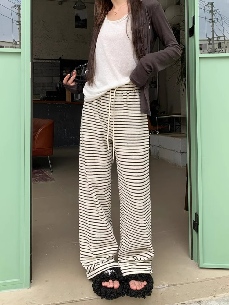 黑白條紋抽繩垂感休閒褲女春季拖地直筒長褲寬鬆高腰闊腿遛彎褲子