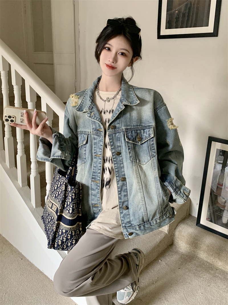 實拍~復古破洞牛仔外套女春季2024新款設計感寬鬆百搭長袖潮