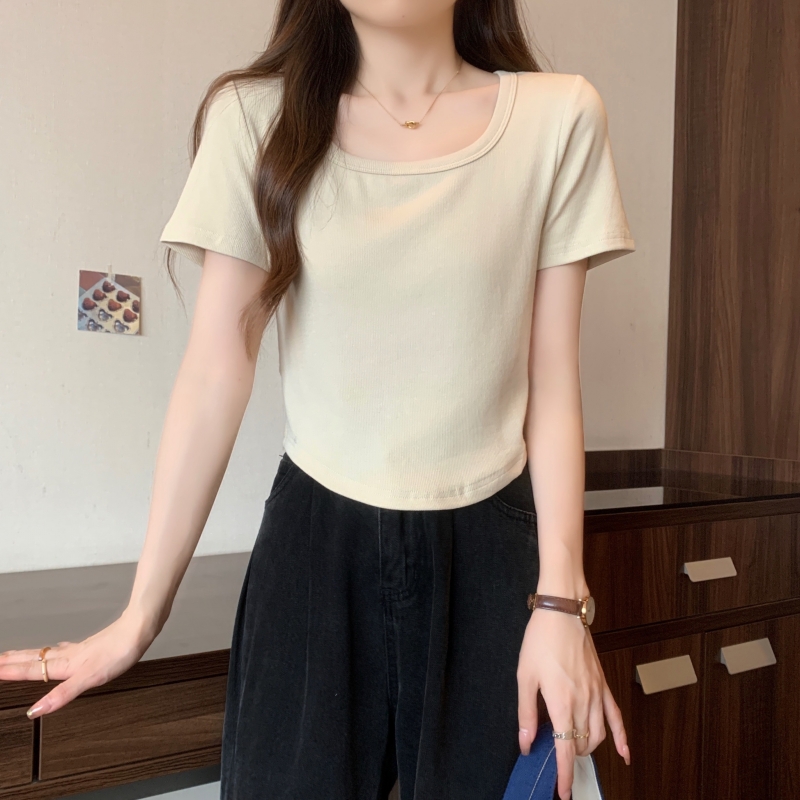 Real shot 40 count pure cotton 2024 summer square neck short-sleeved T-shirt for women ins fashion slim short style