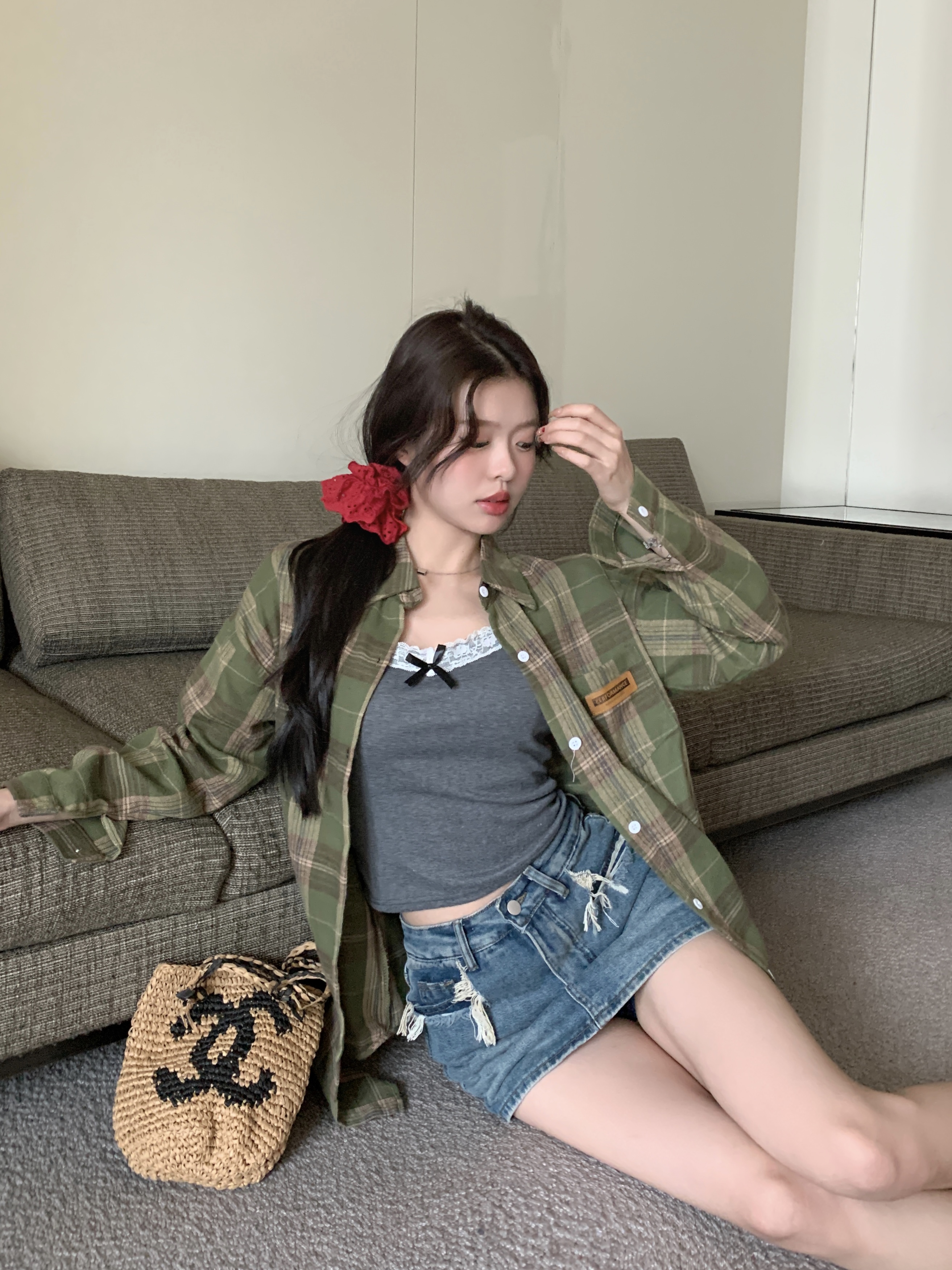 實拍 新款寬鬆復古綠色格子慵懶風襯衫開衫女
