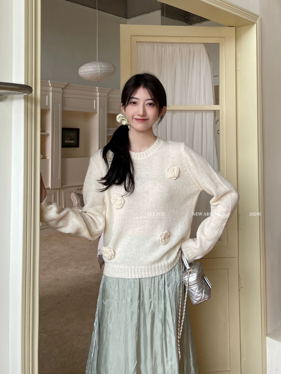 SEE YOU2024春新款法式溫柔風小眾純欲針織衫立體花朵減齡毛衣女