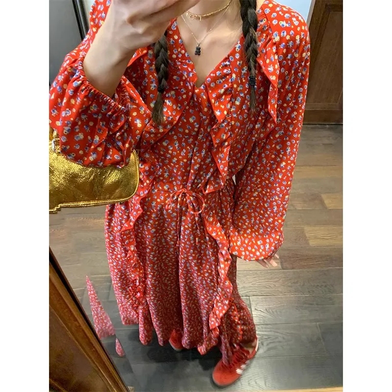 落落狷介 紅色連衣裙女2024新款V領荷葉邊系帶收腰裙子設計感小眾