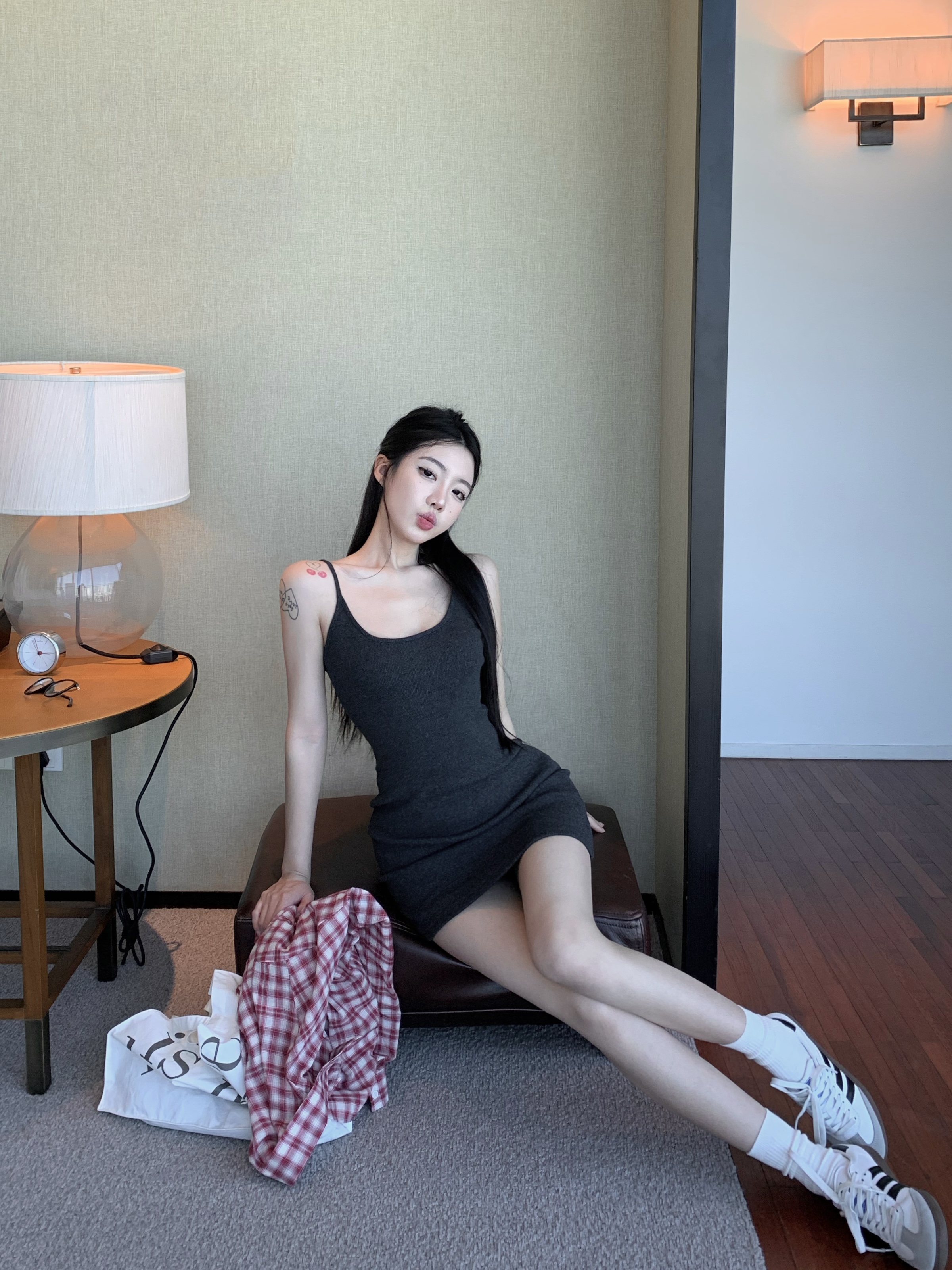 實拍 美式復古格子襯衫+辣妹修身吊帶背心連衣裙