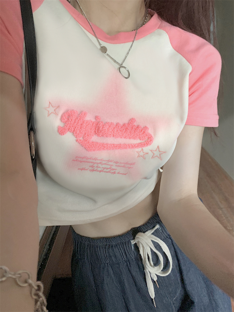 Thread pink chic sweet girl slimming tight short top women's French niche navel-baring short-sleeved shoulder T-shirt