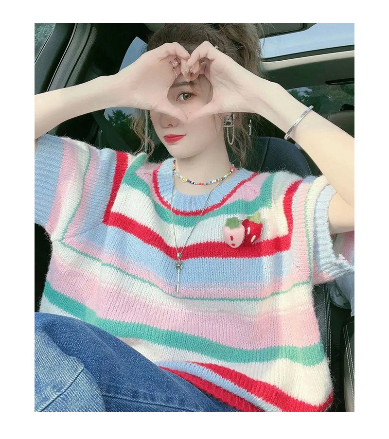 條紋針織短袖t恤女2024春夏季設計感小眾寬鬆洋氣內搭打底衫上衣