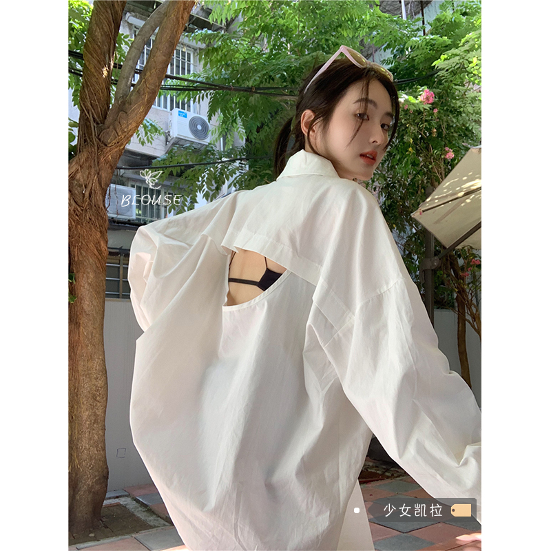初春露背襯衫外套女秋季新款寬鬆中長款防曬開衫白色襯衣長袖上衣