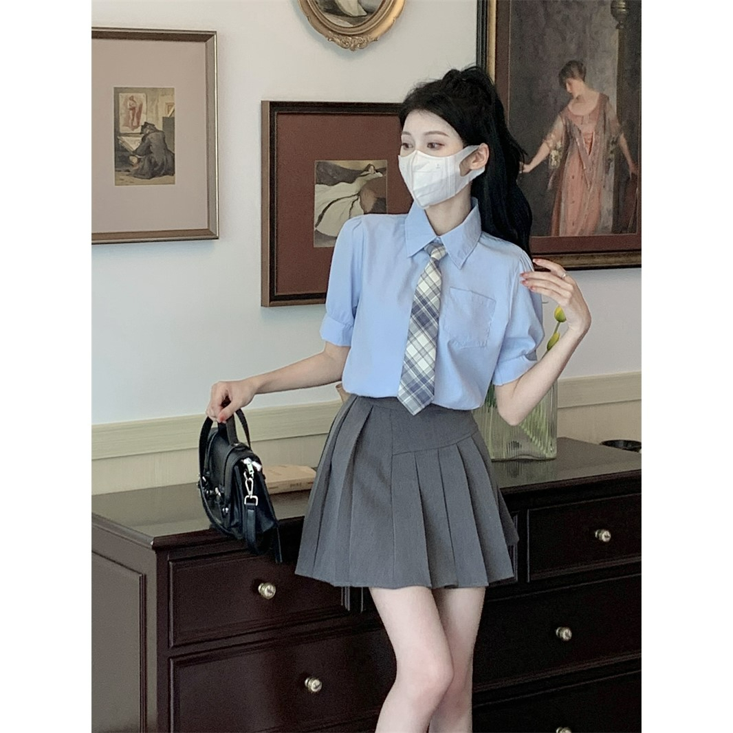 夏季新款減齡學院日系女孩淺藍色JK領帶襯衫短袖襯衣女時尚百搭潮