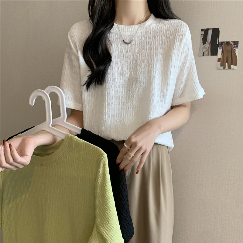 實拍 純色褶皺2024夏季韓版寬鬆百搭上衣短袖T恤女