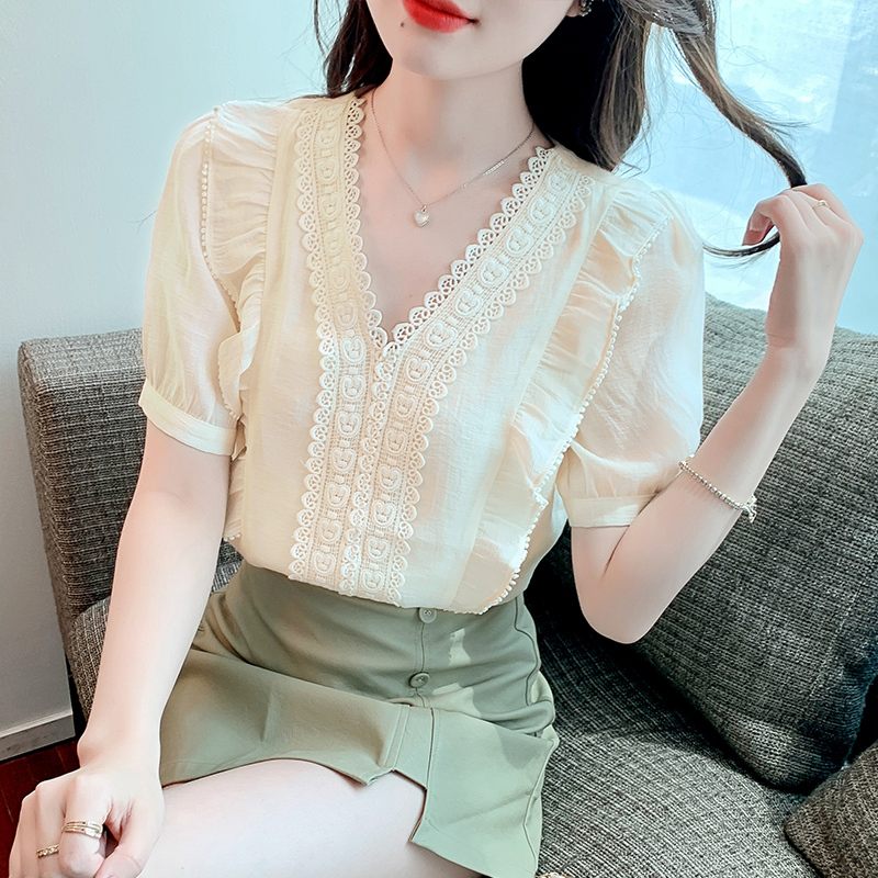 實拍襯衫V領蕾絲拼接七分袖2024年夏季新款設計感小眾上衣襯衣女