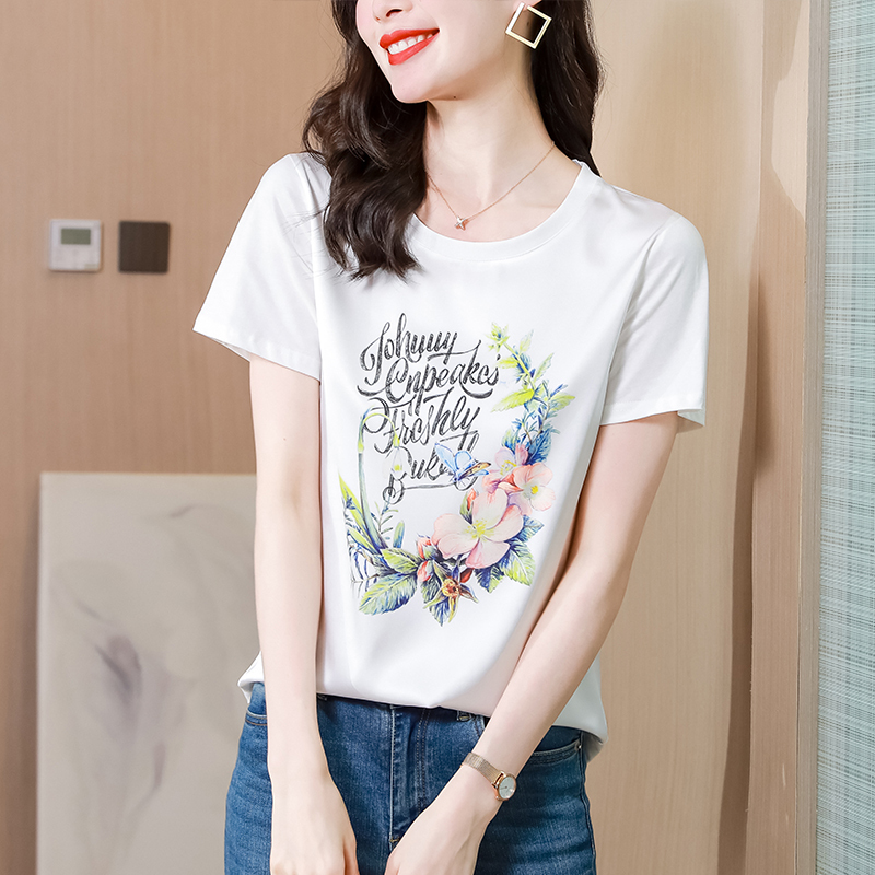 實拍白色真絲t恤女短袖拼接洋氣上衣印花2024年新款夏桑蠶絲小衫