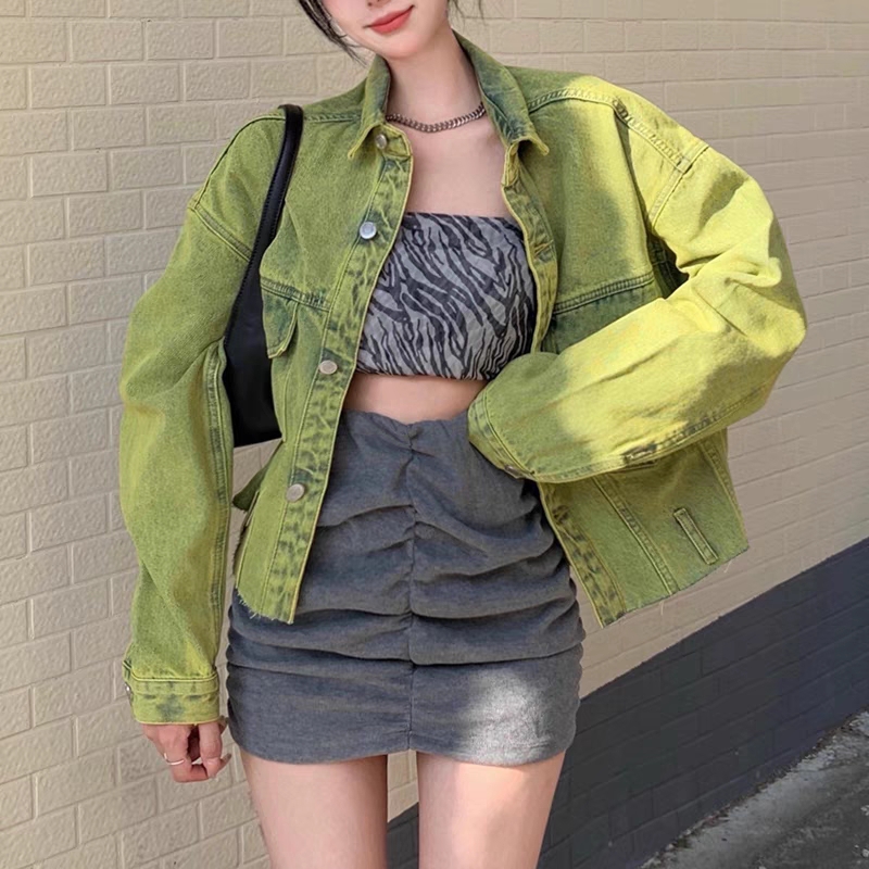 綠色牛仔外套女春秋港風復古工裝夾克設計感小眾寬鬆短款長袖上衣