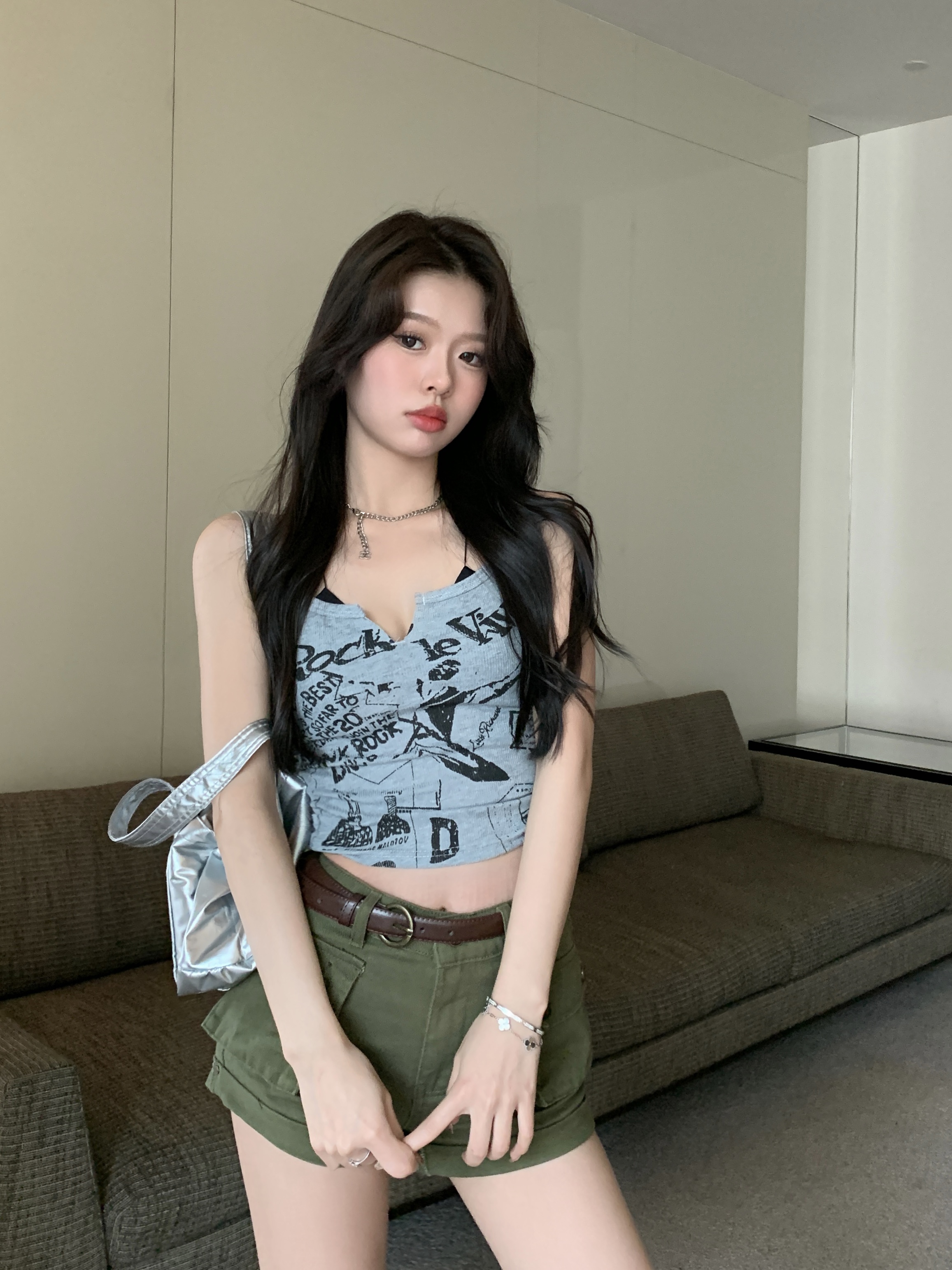 實拍~朋克印花小吊帶 彈力背心女外穿打底內搭短款修身上衣