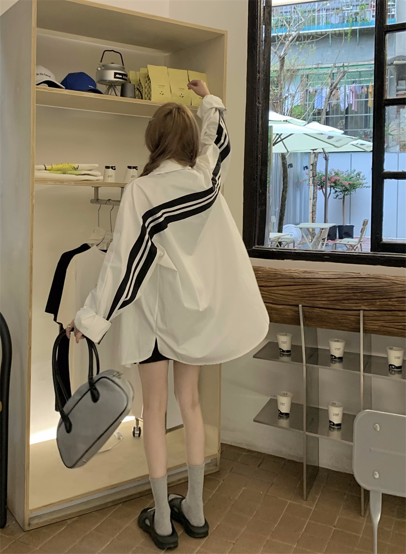 實拍~男友風白色寬鬆條紋襯衫女夏季時尚百搭上衣